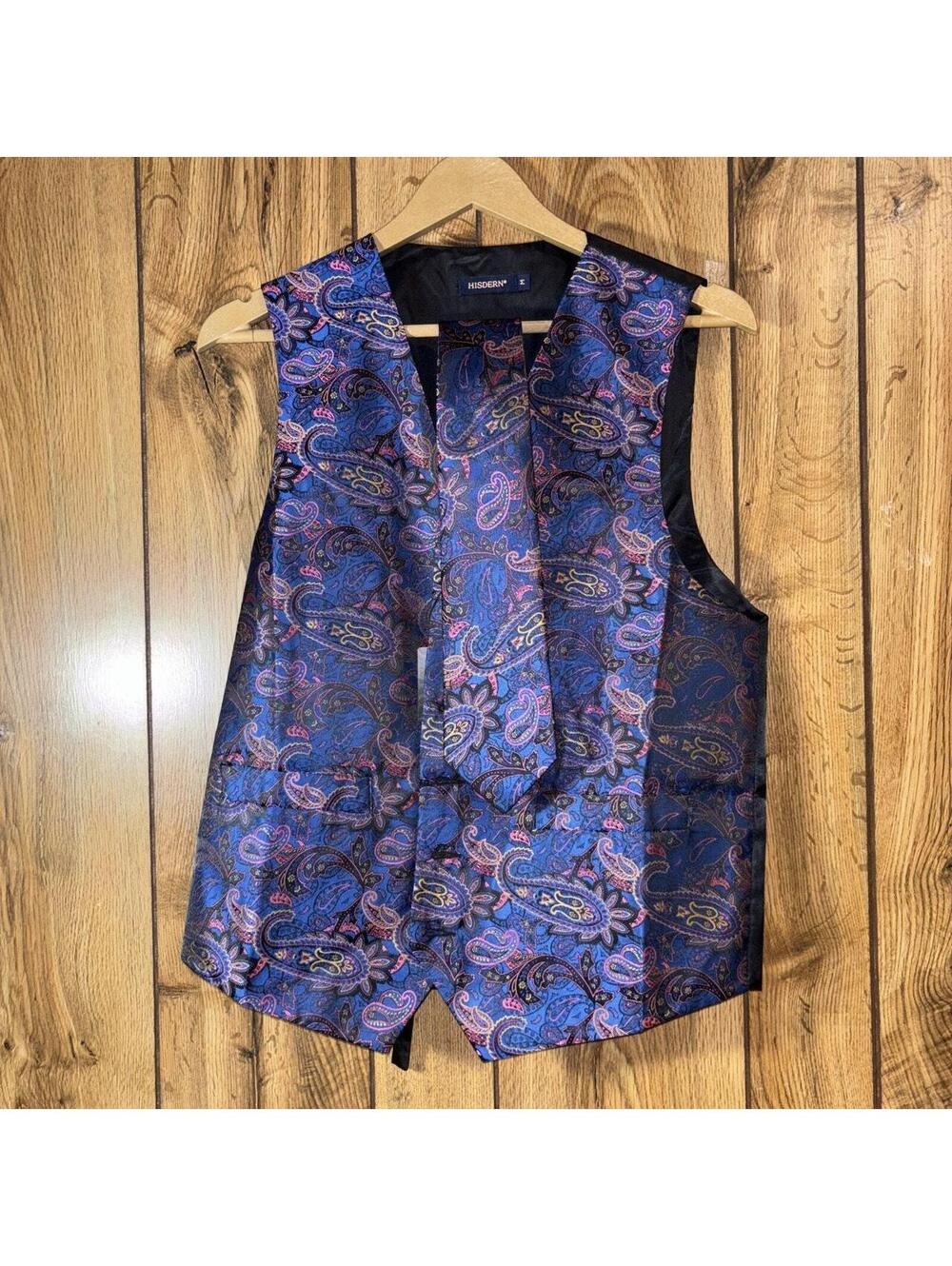 Hisdern Blue Paisley Pattern Men's Vest with Matching Tie Size Medium